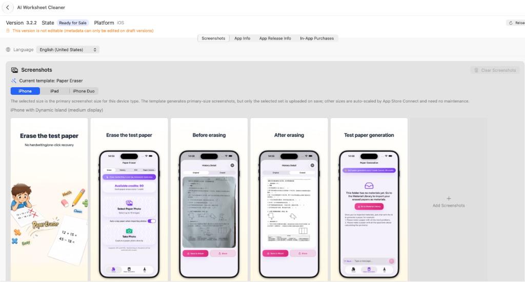 Scheda app: scheda Screenshot con gruppi per dispositivo e stato di caricamento