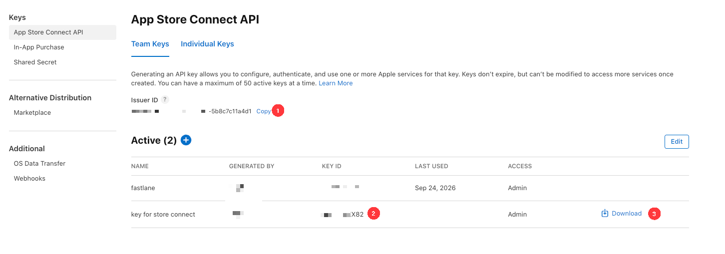 Creare una chiave del team in App Store Connect → Users and Access → Integrations